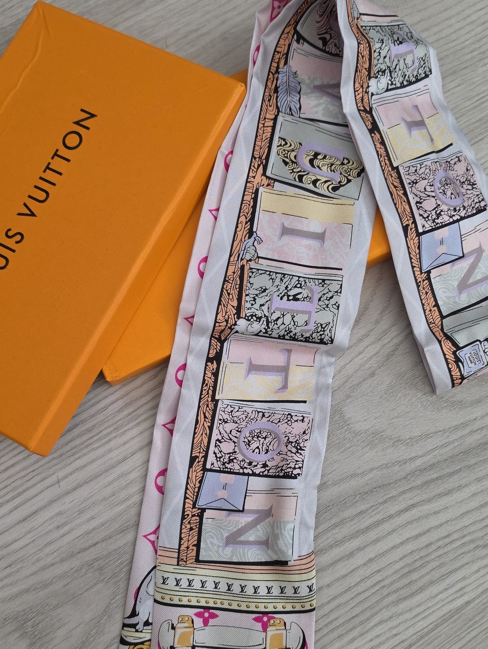 Louis Vuitton Pastel Logo Silk Twilly in Pink, Lavender and Cream